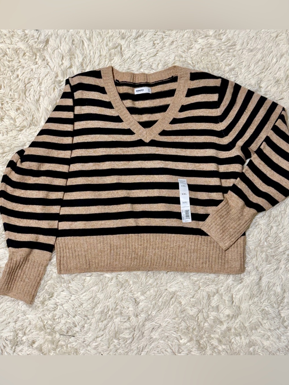 Sonoma Black and Camel Striped V-Neck Sweater